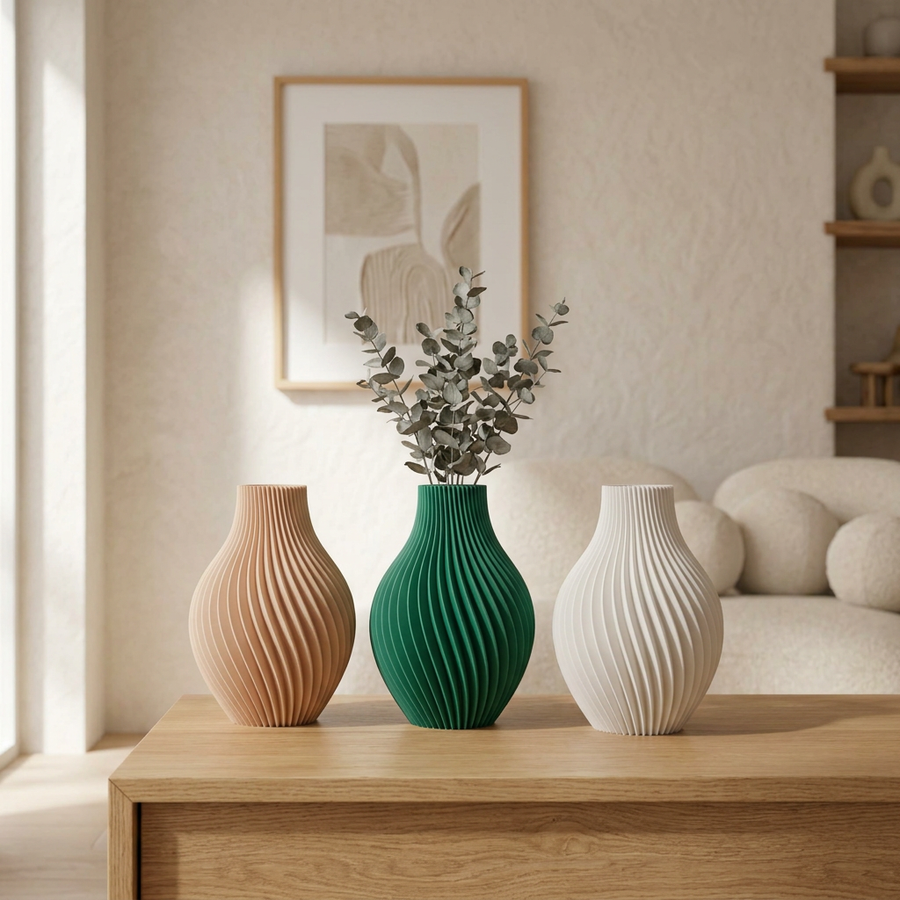 Trio de vases Aura beige, vert gui et blanc de jade sur une console en bois, dans un salon lumineux