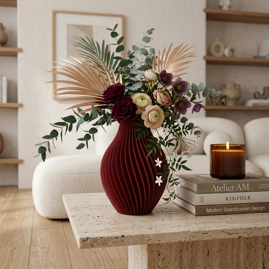 Vase Aura rouge marron avec un bouquet de roses et feuillage, sur une table basse près de livres de décoration