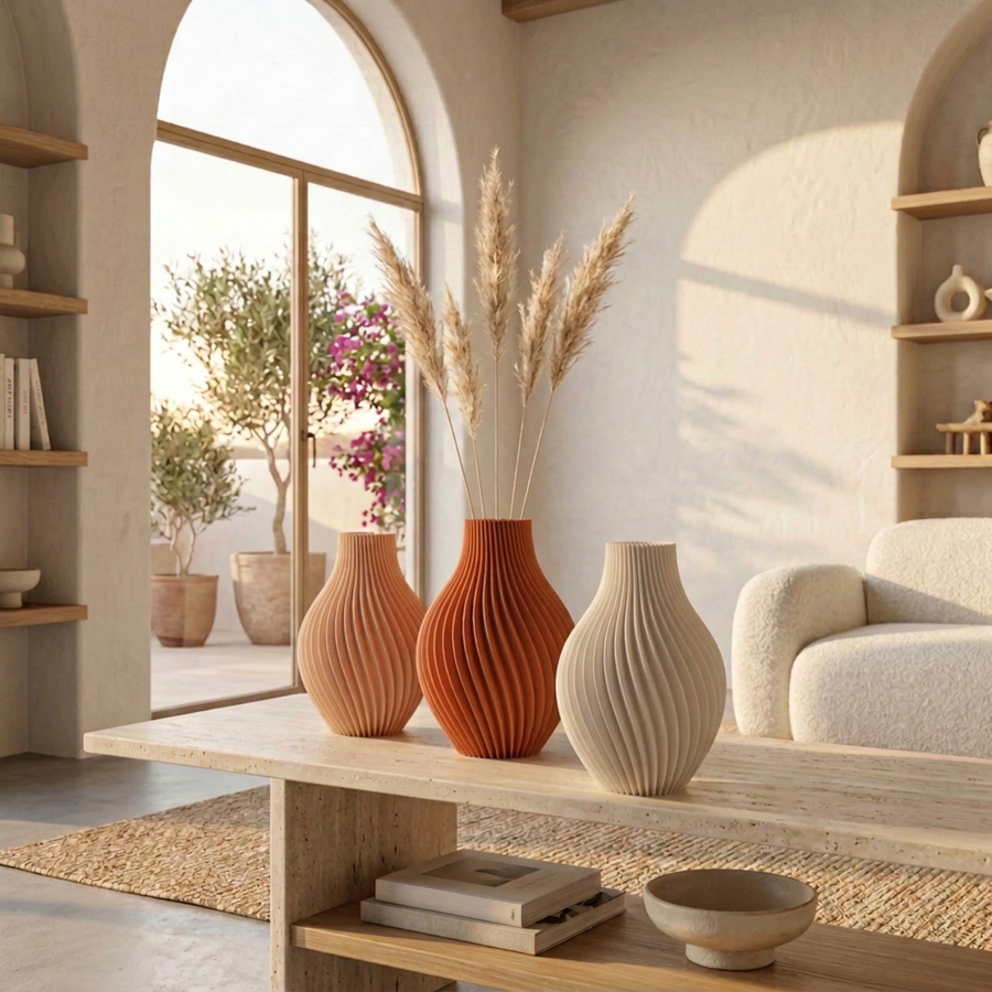 Trio de vases Aura terracotta et beige avec des herbes séchées, devant une fenêtre à l'ambiance méditerranéenne