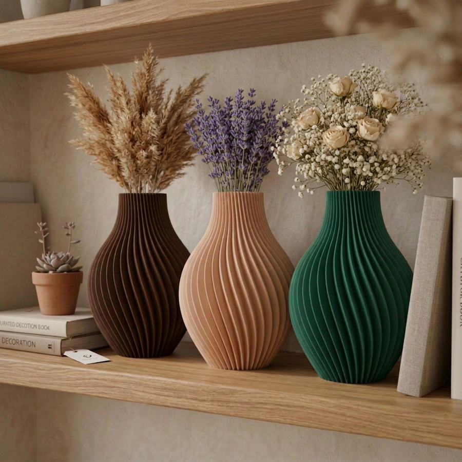 Trio de vases Aura marron cacao, beige et vert gui sur une étagère en bois, avec fleurs séchées et livres